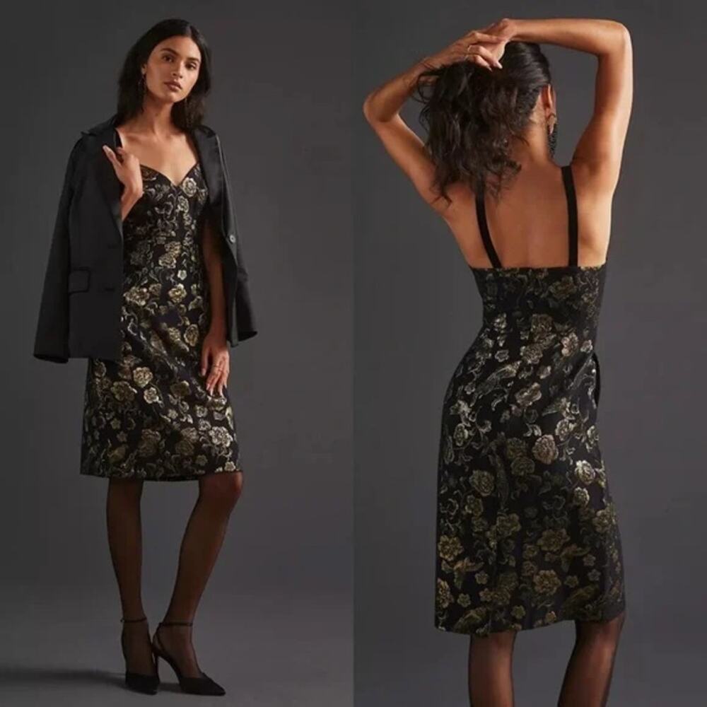 Maeve by Anthropologie Women's Black Gold Slim Floral Jacquard Mini Dress Size 8